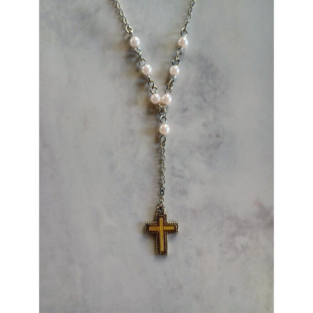 Vintage Fashion Women Jewelry Necklace Jesus Cross Y-Style Necklace W/ Pearls